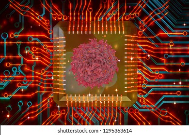 virus and circuits board concept bioinformatics cancer cell programming immune cell programming biotechnology 3d rendering 