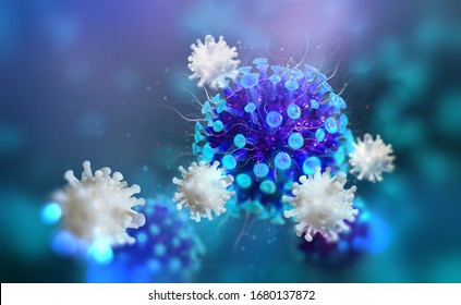 Virus, Germs, Microbe, Bacterium, Pathogen Organism, Leukocyte 3D Illustration. Viral Infection. Immunity Fights Disease. White Blood Cells Attack Infected Cells. Viral Mutations And Immune Defense