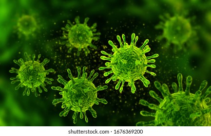 Virengrafik. Gefährlicher Virus. Medizinische Illustration. Biogefährdung. Coronavirus 2019-ncov-Grippe.3D-Abbildung. Eine hohe Auflösung. Grüne Farbe.