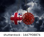 Virus microbe smashing into United Kingdom flag ball. 3D Render