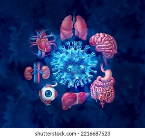 Virus Organ Failure And Human Body Infection Or Long Covid Syndrome Or Coronavirus Pandemic Symptoms On The Lungs Heart Kidneys Eyes Intestines Liver And Brain With 3D Illustration Elements.