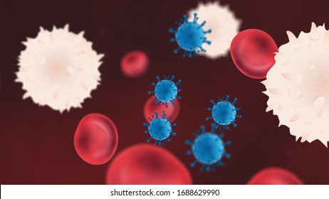 Virus particles in bloodstream with red and white blood cells