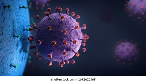 Virus pathogen or virus particle interacting with cell - 3d illustration