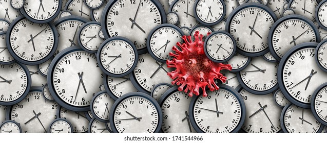 Virus Planning And Disease Management As An Abstract Time Concept As A Group Of Clock Objects With A Contagious Viral Cell Representing Business Working Hours During A Pandemic As A 3D Illustration.