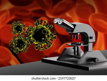 Virus Research. Virologists Microscope. Covid Bacteria. Coronavirus Omicron Strain In Body. Covid Molecules In Front Of Microscope. Virological Research. Study Of Virus Diseases. 3d Rendering.