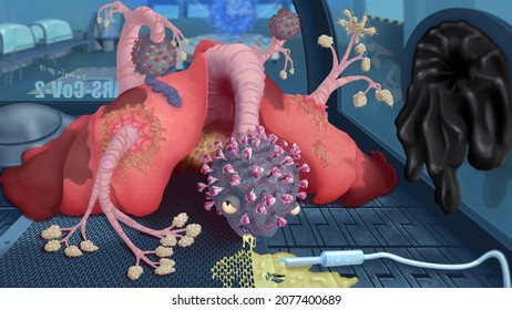 Virus Sample Number 19 Mutated Into Corona Monster From The Lungs In The Glove Box. Secret Biosafety Laboratory Illustration.