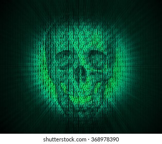 Virus skull in digital code, hacker on cyberspace.