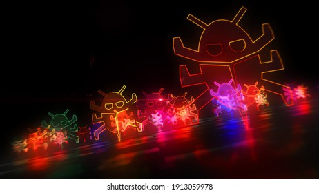 Virus Symbol, Computer Protection, Cyber Attack, Antivirus, Digital Worm And Bug Icon. Futuristic Abstract Concept 3d Rendering Illustration.