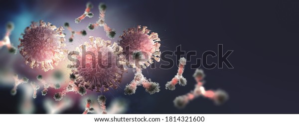 Virus under\
microscope. Antibodies and viral infection. Immune defense of body.\
Attack on antigens 3D\
illustration