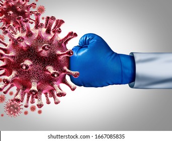 Вирусная вакцина и грипп или коронавирус борются с болезнями в качестве врача, борющегося с группой заразных патогенных клеток в качестве медицинской помощи для исследования лекарства с элементами 3D-иллюстрации.