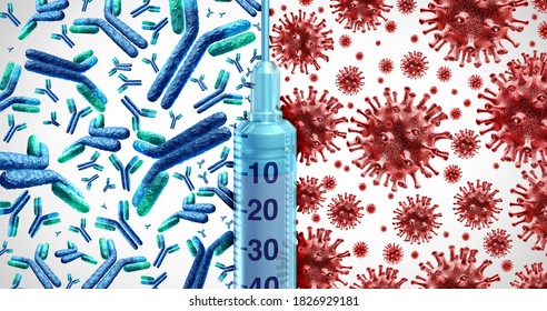 Virus Vaccine Medicine And Flu Or Coronavirus Medical Therapy And Disease Control As A Syringe For Vaccination And A Group Of Contagious Pathogen Cells And Antibody Or Antibodies Cure As A 3D Render.