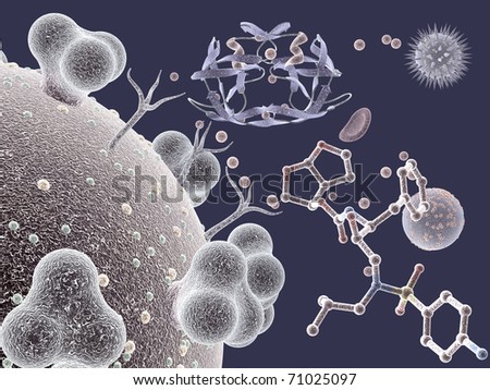 Viruses and molecules on violet background