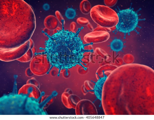Viruses and red blood cells ,\
Contaminated blood  , Infection , Disease , 3d\
illustration
