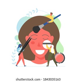 Visagiste services, flat illustration. Tlny characters professional makeup artists applying make-up on woman face, tweezing eyebrows. Beauty salon, parlor concept for web banner, website page. - Powered by Shutterstock