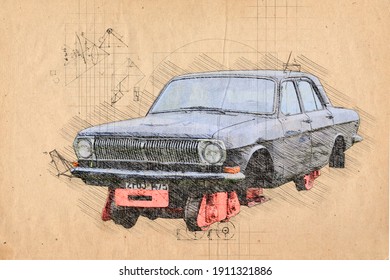 Viseu de Sus, Maramures, Romania - February 7 2021: Sketch of old Volga railway car used in Romania forestry  railway 760 mm gauge