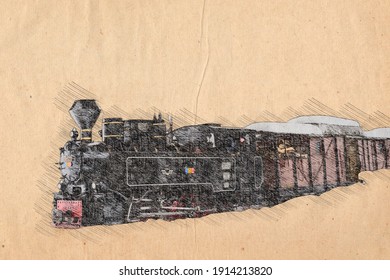 Viseu de Sus, Maramures, Romania - February 10 2021: Sketch of steam locomotive made in Romania and used for forestry railway                 