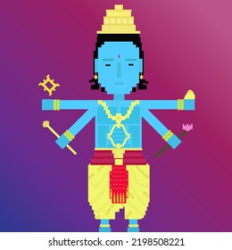 Vishnu Character In Pixel Concept Has A Blue Body And A Pair Of Weapons According To Ancient Legends.