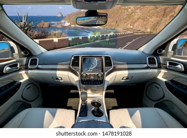 The Vision Of Autonomous, Luxurious Interior SUV.Futuristic Car Cockpit. Autonomous Car. Driverless Vehicle.- 3D Illustration