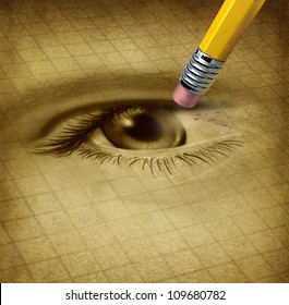 Vision loss ad losing eyesight medical health care concept with a human sight organ being erased by a pencil as a symbol of blindness and ocular disease.
