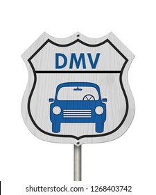 Visit to the DMV Highway Sign, Icon of a car and text DMV on a highway sign isolated over white 3D Illustration
