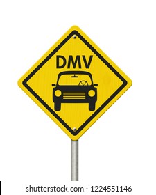 Visit to the DMV Highway Warning Sign, Icon of a car and text DMV on a yellow highway sign isolated over white 3D Illustration