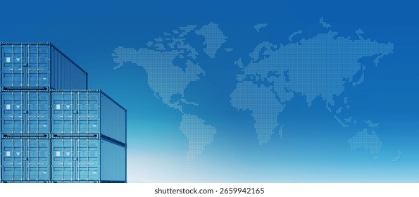 Visual banner of cargo container logistics in worldwide import-export trade. 3D illustration