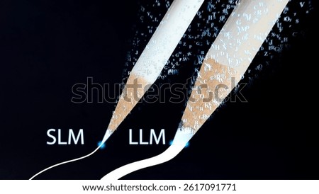 Visual comparison: SLM vs LLM. Illustration uses pencils absorbing data to show size and capability difference between Small and Large Language Models. AI technology concept.