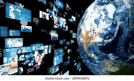 Visual contents concept. Social networking service. Streaming video. Global communication network. Elements of this image furnished by NASA. 3D rendering.