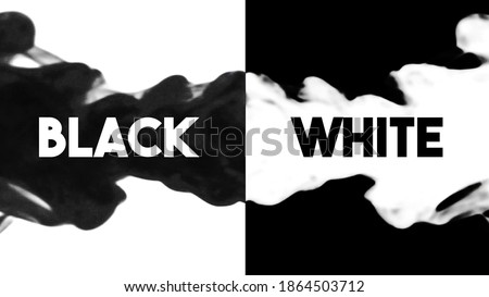 A visual dichotomy, Black versus White, text over ink dropping into water (split screen, positive and negative symmetrical sides).
