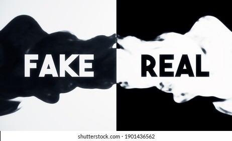 A Visual Dichotomy, Fake Versus Real, Appearing As Text From Ink Dropped Into Water (split Screen).
