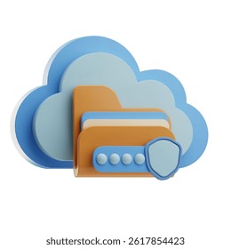 Visual representation of secure cloud storage with a folder and shield, ideal for technology applications.