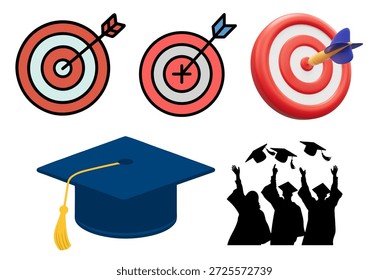 Visual set for goals and learning including colorful targets with arrows in center blue graduation mortarboard with yellow tassel and silhouettes of graduates throwing caps in air. Conceptual imagery for academic success career milestones target marketing and reaching personal objectives.