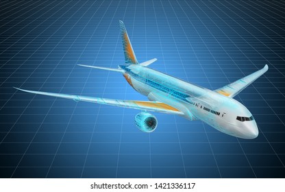 Visualization 3d Cad Model Of Airplane, Blueprint. 3D Rendering