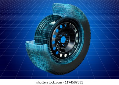 Visualization 3d cad model of car wheel, blueprint. 3D rendering