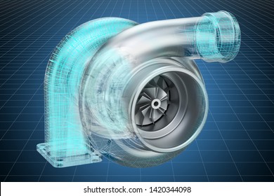 Visualization 3d Cad Model Of Car Turbocharger, Blueprint. 3D Rendering