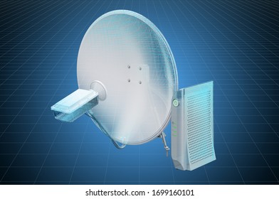 Visualization 3d Cad Model Of Communication Satellite Dish With Satellite Modem, Blueprint. 3D Rendering