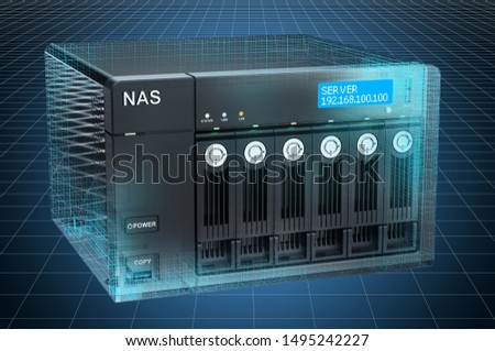 Visualization 3d cad model of NAS with six disks, blueprint. 3D rendering