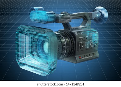 Visualization 3d cad model of professional video camera, blueprint. 3D rendering