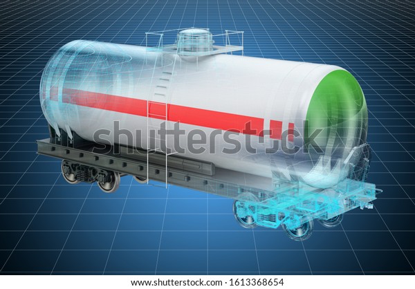 Visualization 3d cad model of tank car,\
blueprint. 3D\
rendering