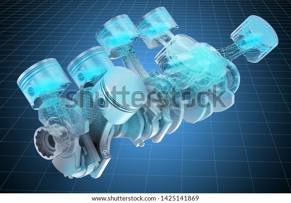 Visualization 3d cad model of V8 engine\
pistons, blueprint. 3D\
rendering