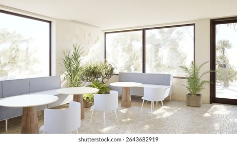 Visualization. 3d render of a bright coffee shop interior with minimalist furniture, large windows, natural light, potted plants, and cozy seating. Scandinavian style café space.