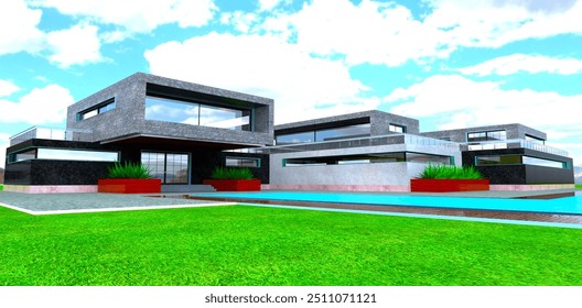 Visualization of an architectural project for a private gated club complex with a combined exterior cladding. 3D rendering.