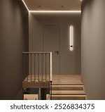 Visualization of a dark modern interior of hall with wooden srairs, interior in grey colors with warm light, 3d rendering, cg illustration