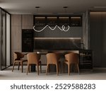 Visualization of a dark modern interior of kitchen and living room, glossy surface, 3d rendering, cg illustration