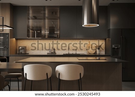 visualization of a dark modern interior of kitchen and livind room, glossy surface, 3d rendering, cg illustration
