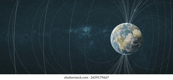 Visualization of Earth in space as it interacts with curved magnetic field lines and directional energy flow. Elements of this ultrawide 3D rendered illustration were furnished by NASA.