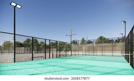 visualization of an empty padel with turquoise color and bench on the side
