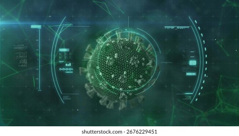 Visualizing green wireframe virus sphere floating within dark tech interface, with UI grid overlays. Digital, futuristic, data, analysis, interface, network, technology