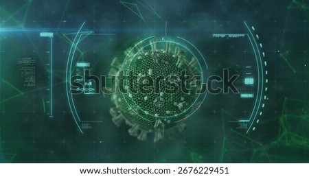 Visualizing green wireframe virus sphere floating within dark tech interface, with UI grid overlays. Digital, futuristic, data, analysis, interface, network, technology