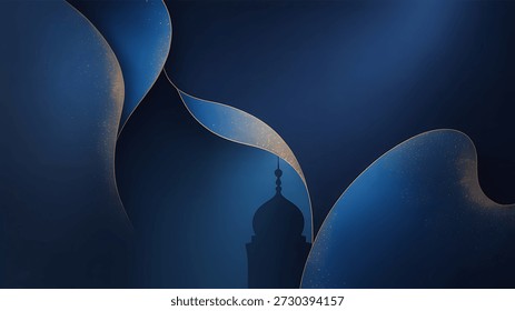 A visually appealing abstract composition in dark blue, highlighted by shimmering golden curves and a subtle silhouette of a mosque's dome.